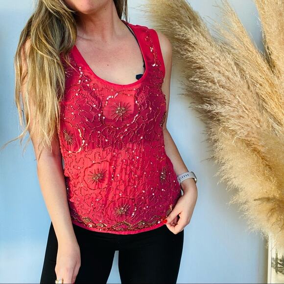 ANTHROPOLOGIE Moulinette Soeurs Pink Red Sequin Sheer Tank Top Blouse Shirt 4 - Picture 1 of 9